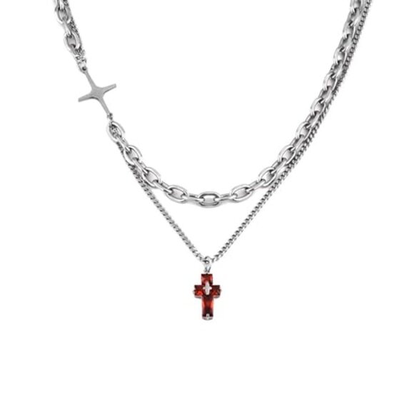 Gothic Cross Necklace Stainless Steel Y2K Layered Paper Clip Chain Pendant - Picture 2 of 8